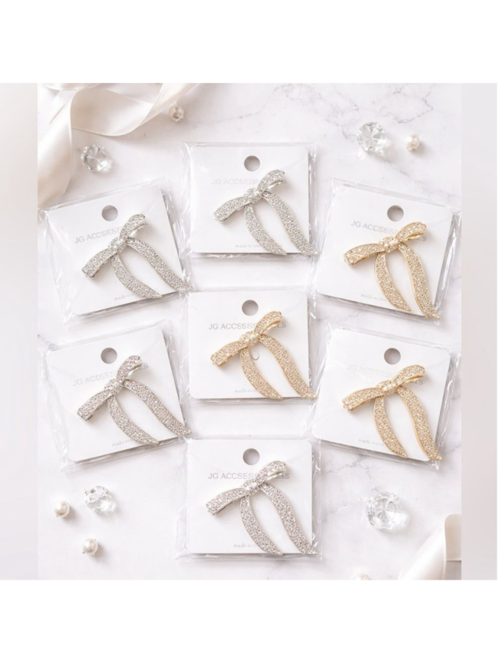 8 PC Rhinestone Bow Brooch Bundle Silver & Gold Tone Sparkly Ribbon Pins NEW
